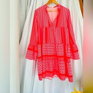 Misty Baby Doll Dress w/Red & Pink Vibrant Geometric Pattern Empire Waist Mini